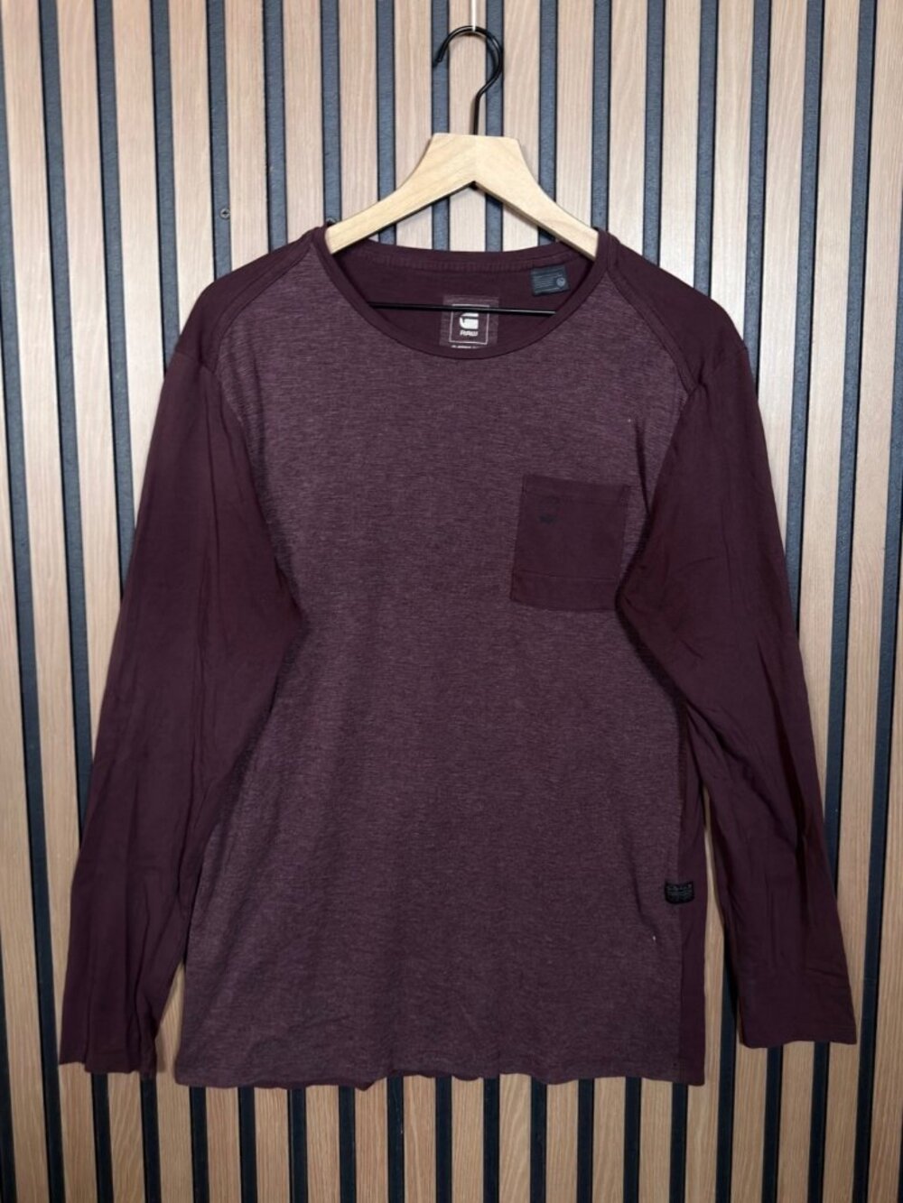G-Star Raw T Shirt Large Mens Burgundy Long Sleeve Harm Pocket Tee Two Tone